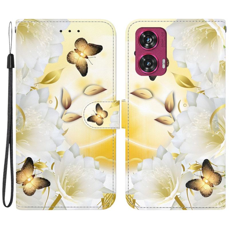 Flip Futrola Motorola Edge 50 Fusion Maskice Za Mobitele Zlatni Leptiri I Bijeli Cvjetovi S Remenom