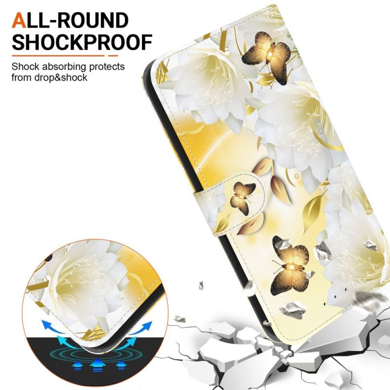 Flip Futrola Motorola Edge 50 Fusion Maskice Za Mobitele Zlatni Leptiri I Bijeli Cvjetovi S Remenom