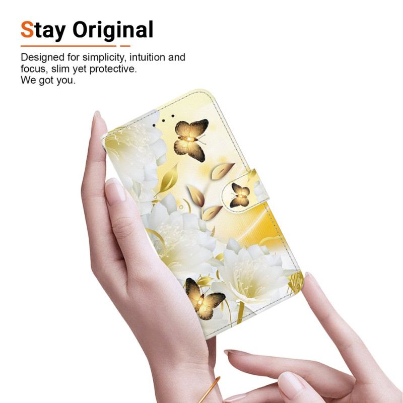 Flip Futrola Motorola Edge 50 Fusion Maskice Za Mobitele Zlatni Leptiri I Bijeli Cvjetovi S Remenom