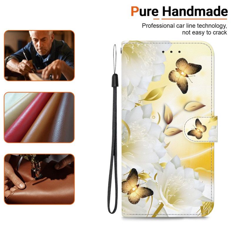 Flip Futrola Motorola Edge 50 Fusion Maskice Za Mobitele Zlatni Leptiri I Bijeli Cvjetovi S Remenom