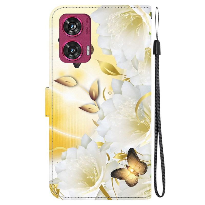 Flip Futrola Motorola Edge 50 Fusion Maskice Za Mobitele Zlatni Leptiri I Bijeli Cvjetovi S Remenom