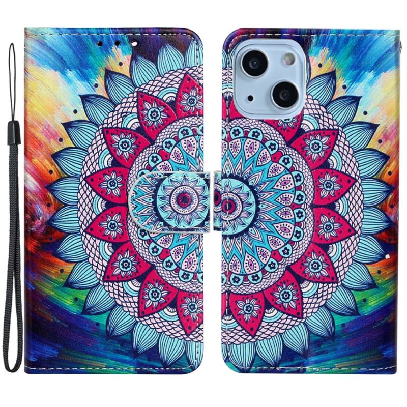 Kožna Futrola iPhone 15 Plus Šarena Mandala S Remenom