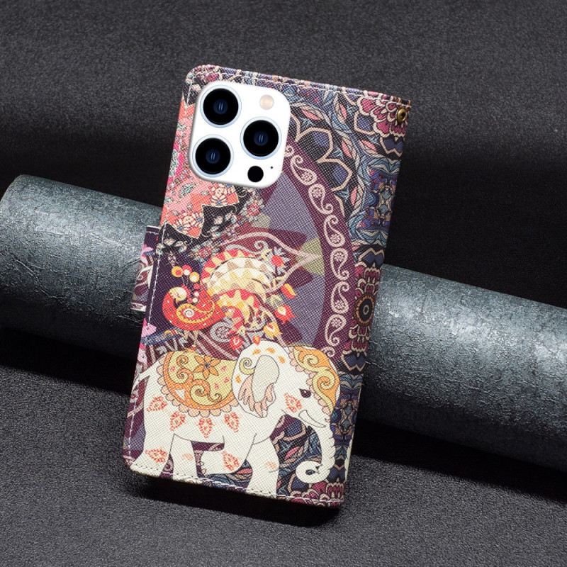 Kožna Futrola iPhone 16 Pro Max Novčanik Tribal Elephant S Remenom