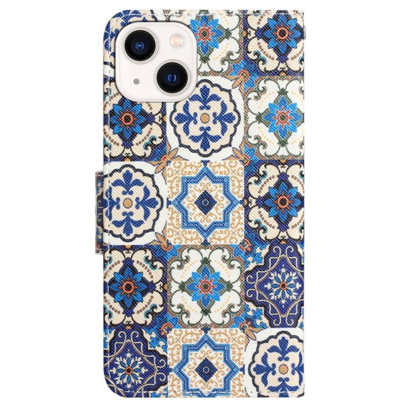 Flip Futrola iPhone 15 Plavi Patchwork S Remenom