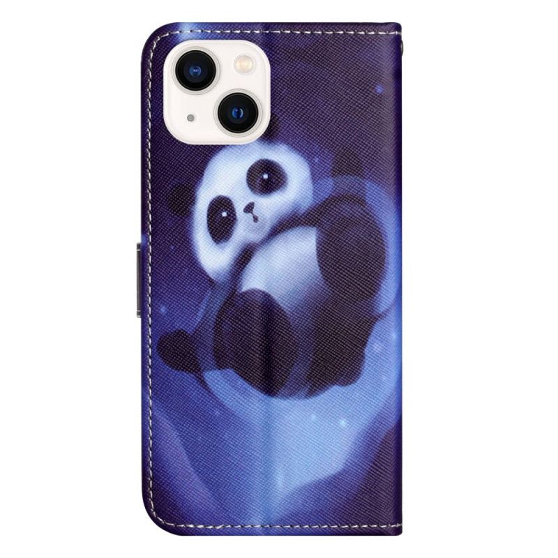 Kožna Futrola iPhone 14 Plus Panda U Svemiru S Uzicom