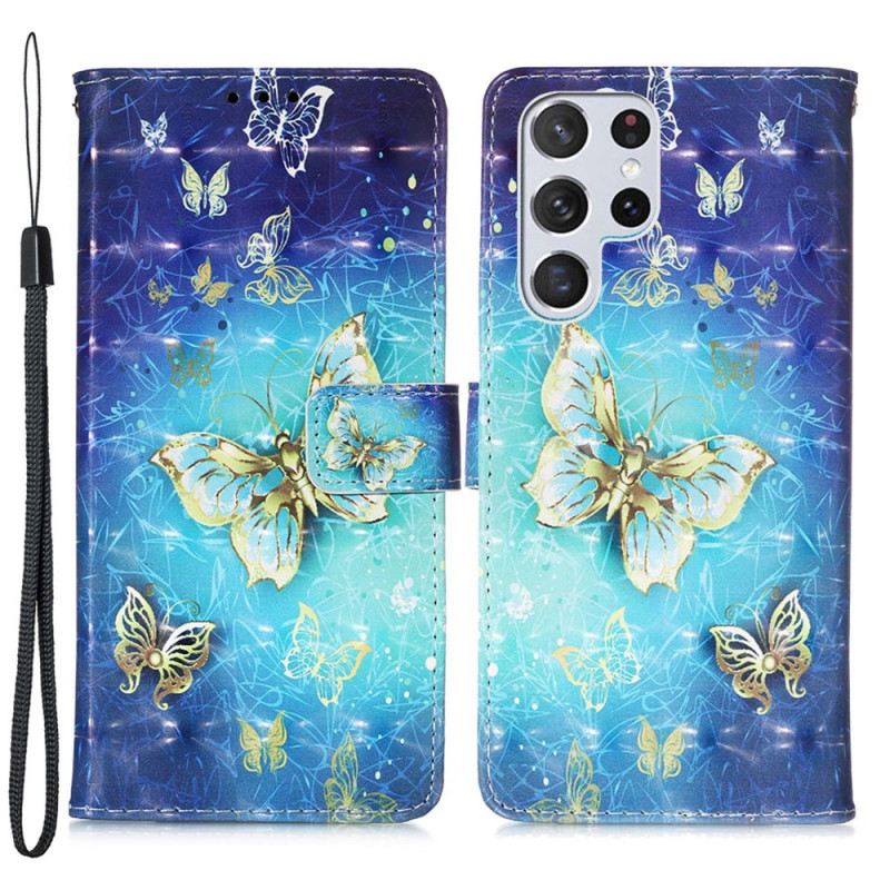 Flip Futrola Samsung Galaxy S22 Ultra 5G Golden Butterflies Lanyard